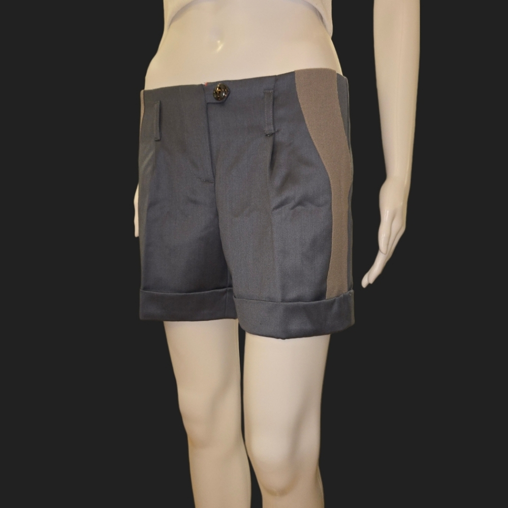 JOHNSON Designer Slate Blue-Grey Cuffed Dress Shorts Tan Beige Side Panels Sz 6